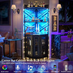 Aheaplus Corner Bar Cabinet with Power Outlet, Industrial Wine Cabinet with LED Strip and Glass Holder, 5-Tiers Liquor Cabinet Bar Unit for Home, Corner Display Cabinet for Small Space, White Oak