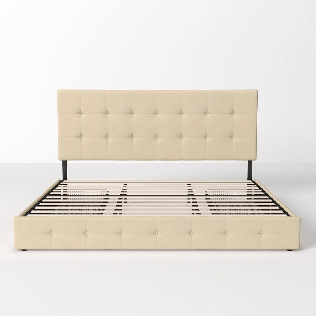 Allewie Upholstered Queen Size Platform Bed Frame with 4 Storage Drawers and Headboard, Square Stitched Button Tufted, Mattress Foundation with Wooden Slats Support, No Box Spring Needed, Light Grey