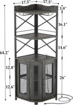 Aheaplus Corner Bar Cabinet with Power Outlet, Industrial Wine Cabinet with LED Strip and Glass Holder, 5-Tiers Liquor Cabinet Bar Unit for Home, Corner Display Cabinet for Small Space, White Oak