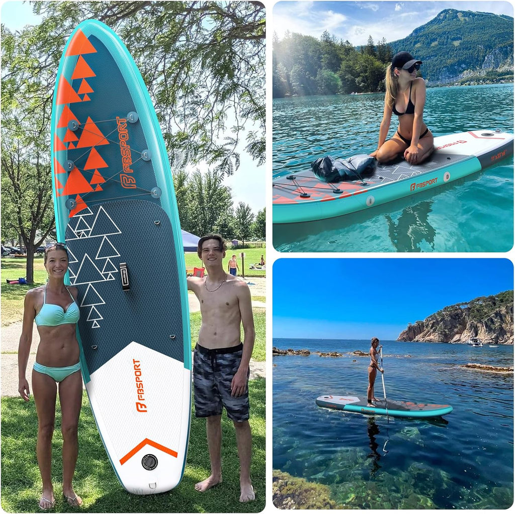 FBSPORT 11' Premium Stand Up Paddle Board, Yoga Board with Durable SUP Accessories & Carry Bag | Wide Stance, Surf Control, Non-Slip Deck, Leash, Paddle and Pump for Youth & Adult