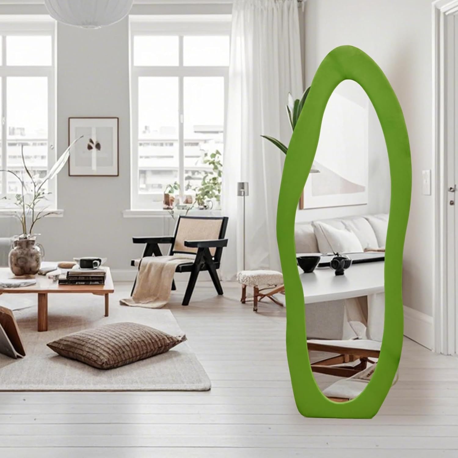 Cloud-Shaped Full Length Floor Mirror with Velvet Frame and Steel Stand