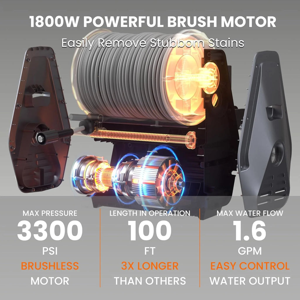 Pressure Washer Pro, Electric Wall Mount Power Washer with 100FT Retractable Pressure Hoses, 3300PSI, 1.6GPM, 4 Nozzles, Foam Cannon for Cars/Patios, Dark Silver