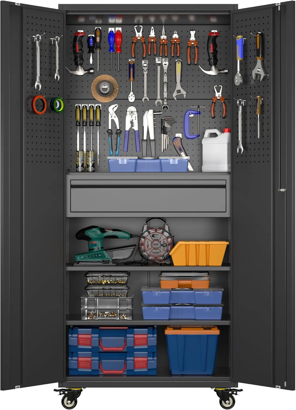 Aobabo 73''H Metal Garage Storage Cabinet with Wheels,Steel Cabinets with 2 Doors and 4 Adjustable Shelves for Home Office,Required Assembly,Black