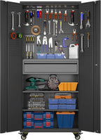Aobabo 73''H Metal Garage Storage Cabinet with Wheels,Steel Cabinets with 2 Doors and 4 Adjustable Shelves for Home Office,Required Assembly,Black