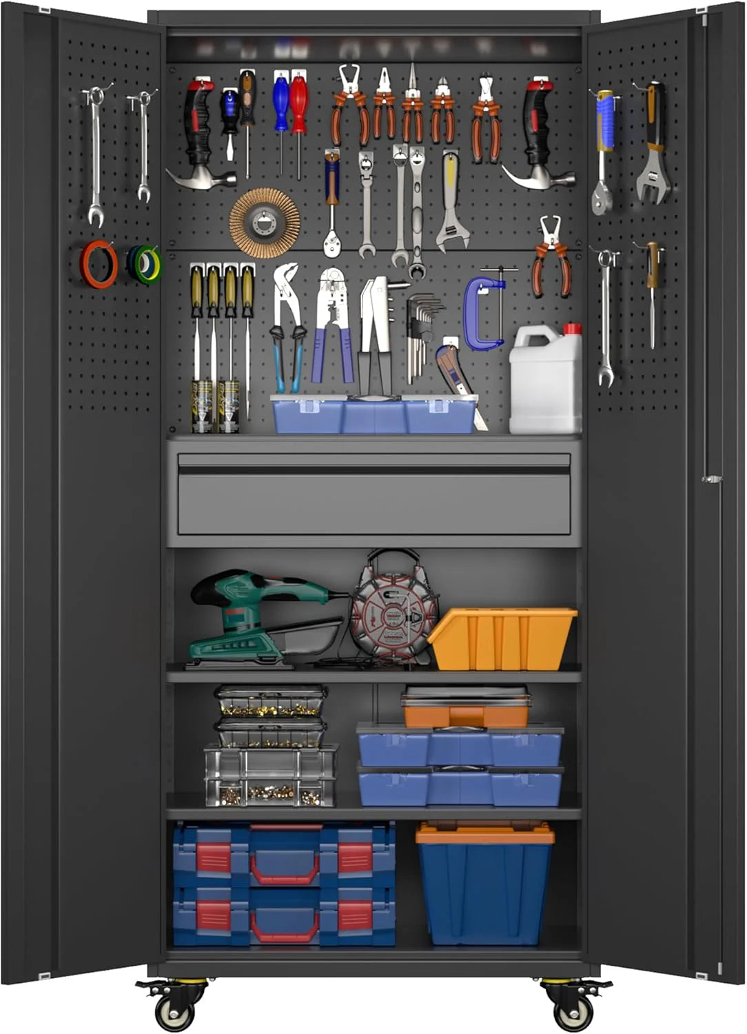 Aobabo 73''H Metal Garage Storage Cabinet with Wheels,Steel Cabinets with 2 Doors and 4 Adjustable Shelves for Home Office,Required Assembly,Black