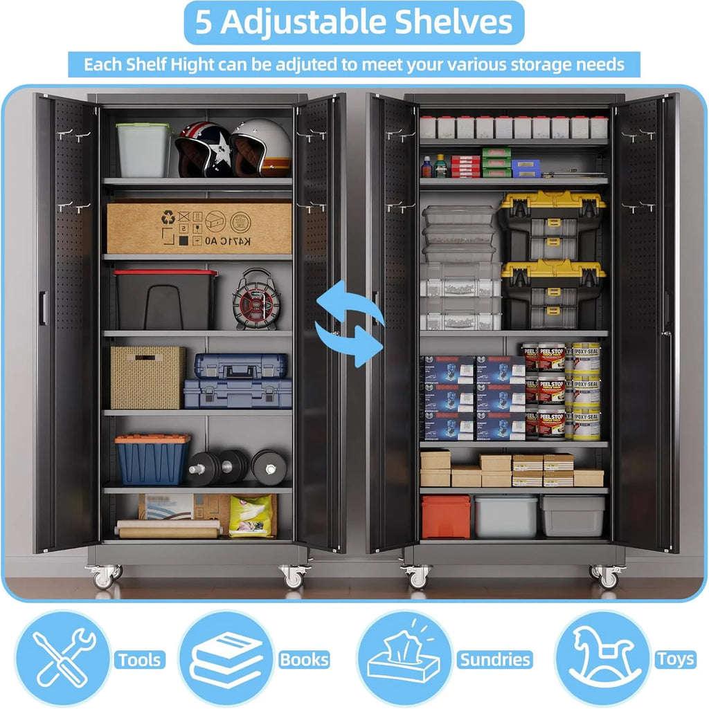 Aobabo 73''H Metal Garage Storage Cabinet with Wheels,Steel Cabinets with 2 Doors and 4 Adjustable Shelves for Home Office,Required Assembly,Black