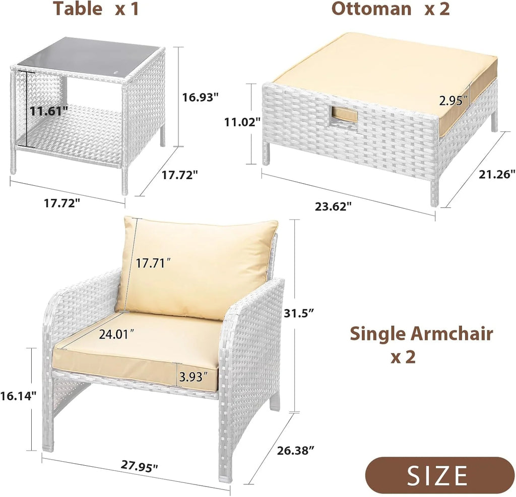 LEVELEVE Balcony Furniture 5 Piece Patio Conversation Set, PE Wicker Rattan Outdoor Lounge Chairs with Soft Cushions 2 Ottoman&Glass Table for Porch, Lawn-Brown Wicker