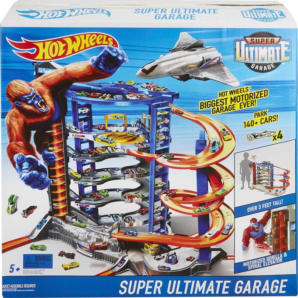 Hot Wheels Track Set with 4 1:64 Scale Toy Cars, Super Ultimate Garage, Over 3-Feet Tall