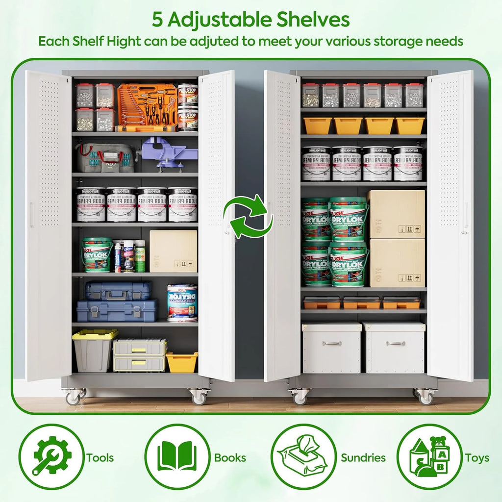 Aobabo 73''H Metal Garage Storage Cabinet with Wheels,Steel Cabinets with 2 Doors and 4 Adjustable Shelves for Home Office,Required Assembly,Black
