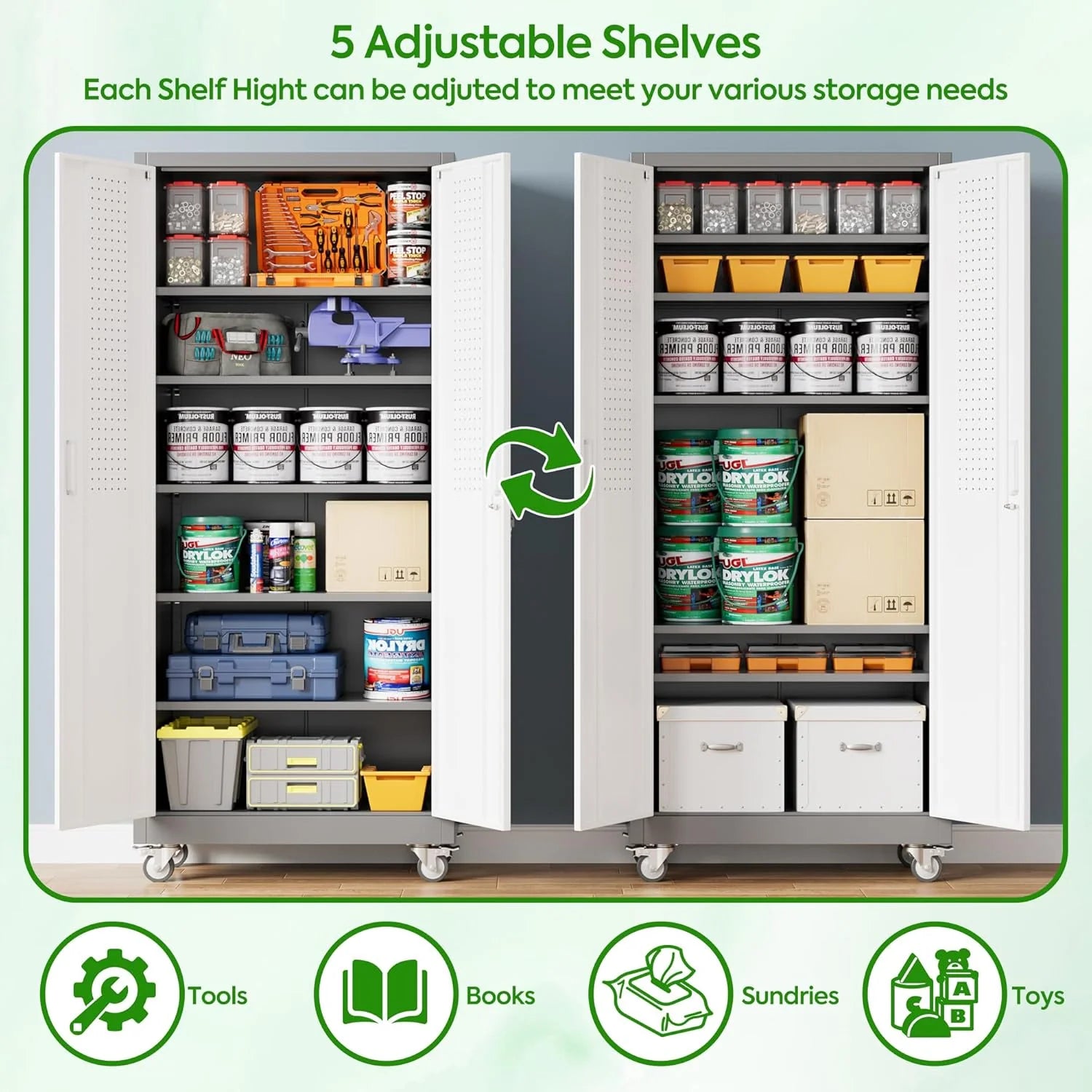 Aobabo 73''H Metal Garage Storage Cabinet with Wheels,Steel Cabinets with 2 Doors and 4 Adjustable Shelves for Home Office,Required Assembly,Black