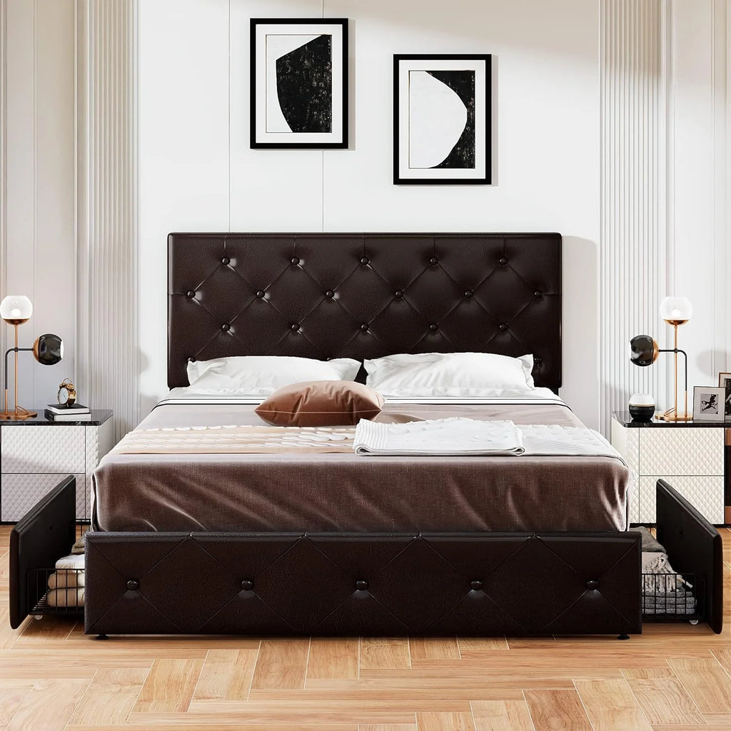 Allewie Upholstered Queen Size Platform Bed Frame with 4 Storage Drawers and Headboard, Square Stitched Button Tufted, Mattress Foundation with Wooden Slats Support, No Box Spring Needed, Light Grey