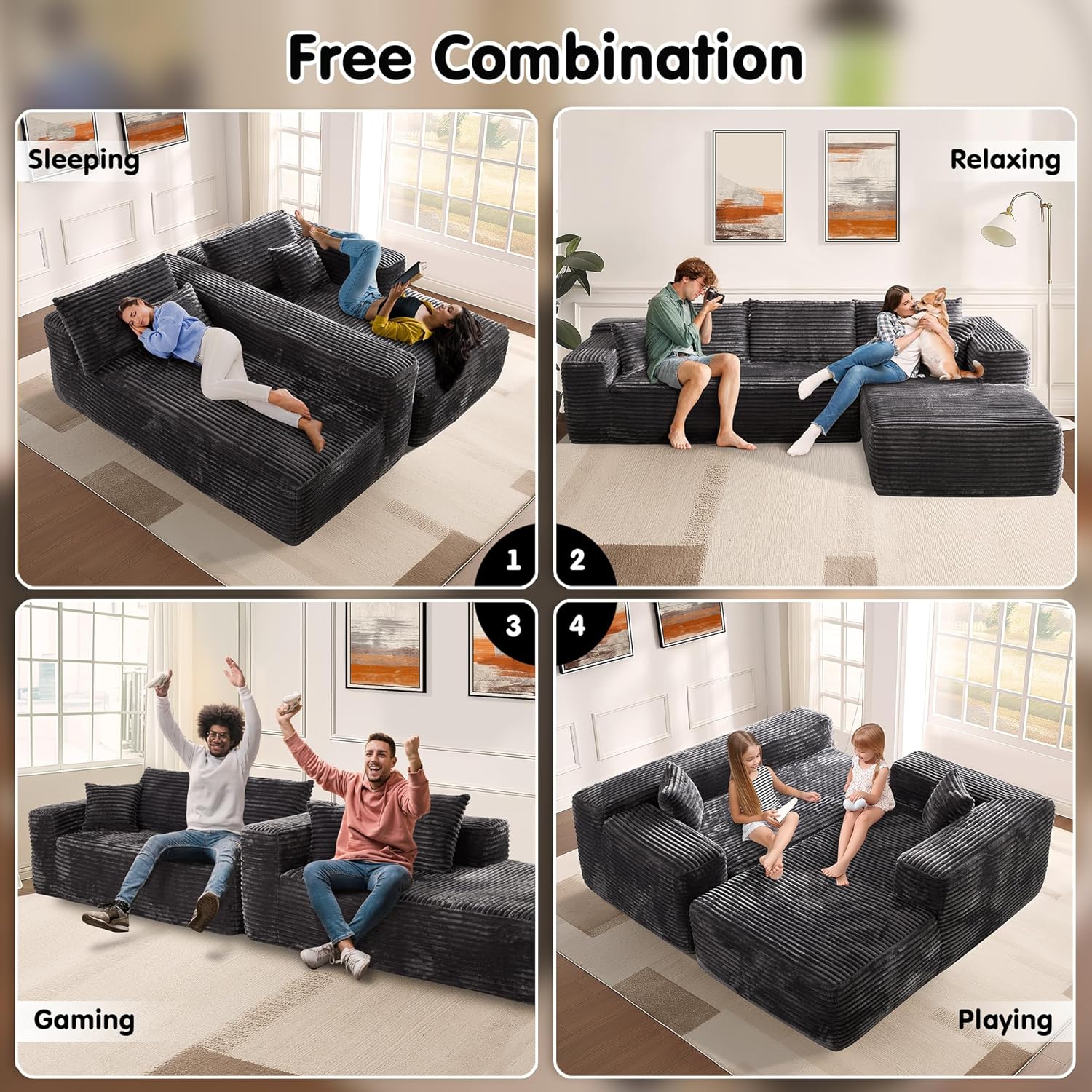 ovios 104" Cloud Sectional Couch with L-Shape Chaise,Modern Modular Sofa with Deep Seat, Upholstered Couches for Living Room Bedroom,No Assembly Required, Grey (Plush Corduroy Fabric)
