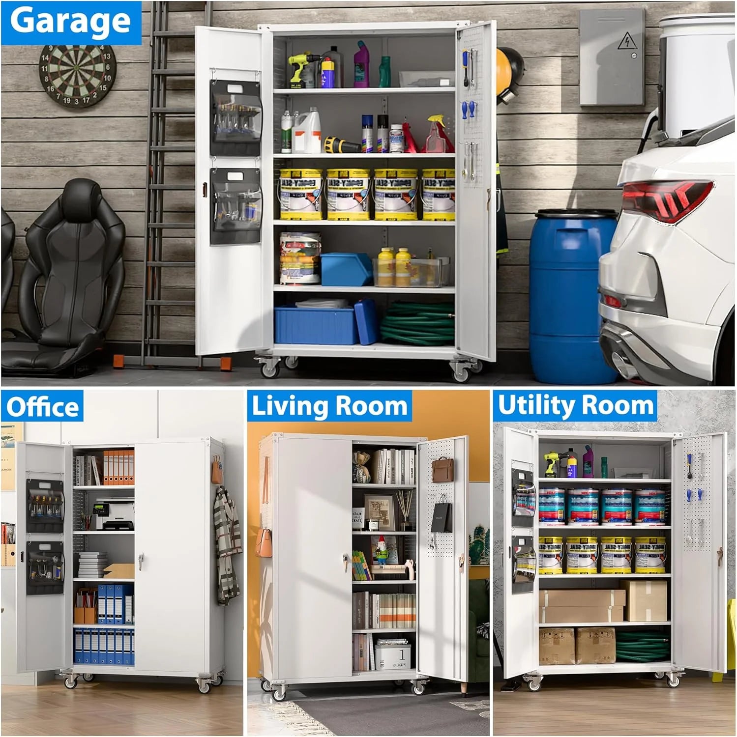 Aobabo 73''H Metal Garage Storage Cabinet with Wheels,Steel Cabinets with 2 Doors and 4 Adjustable Shelves for Home Office,Required Assembly,Black