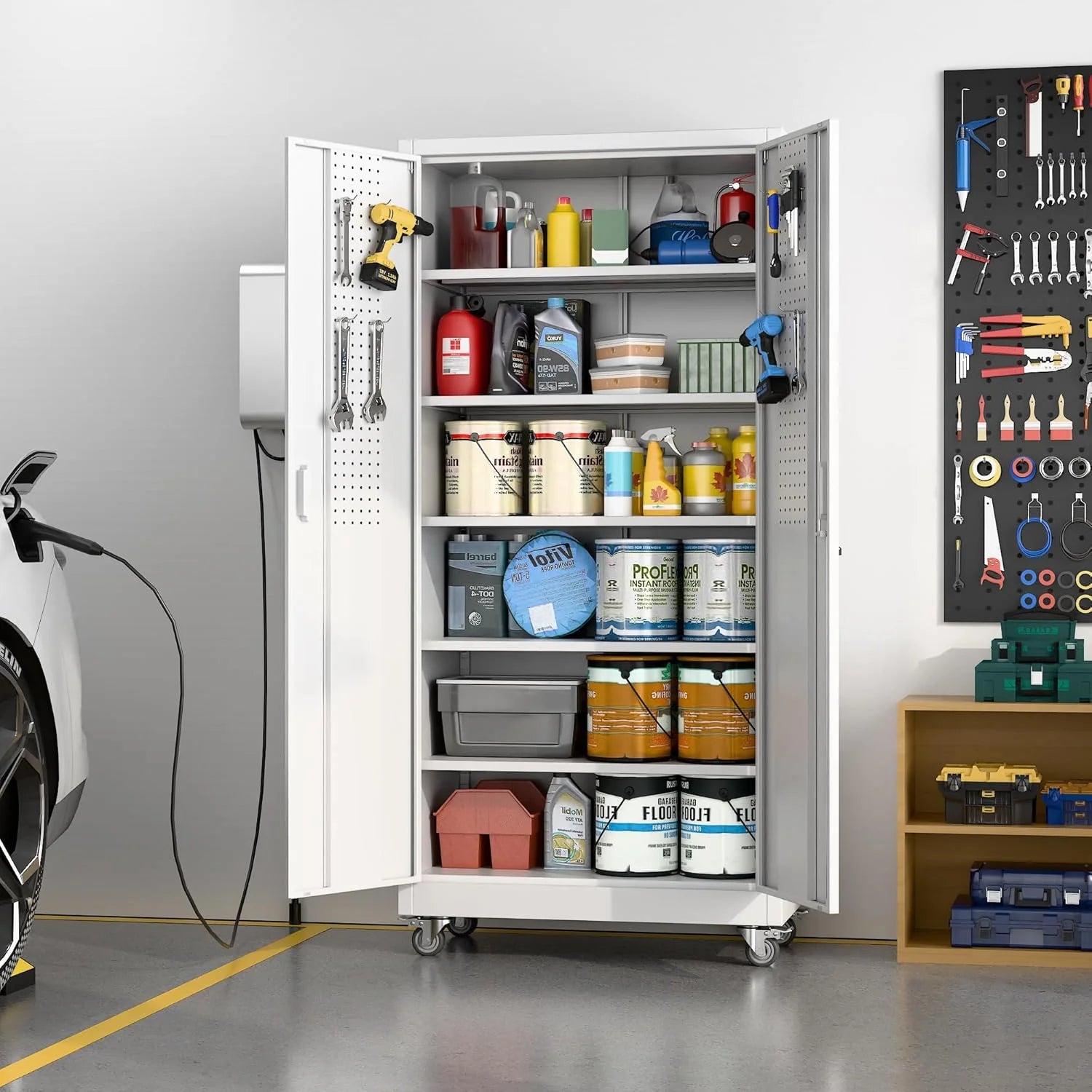 Aobabo 73''H Metal Garage Storage Cabinet with Wheels,Steel Cabinets with 2 Doors and 4 Adjustable Shelves for Home Office,Required Assembly,Black