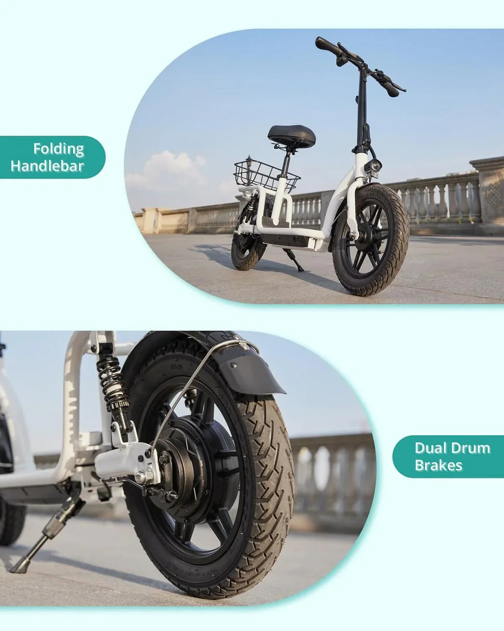 Gotrax adult electric scooter with seat maximum range of 19-25 miles all-terrain tires wide pedals