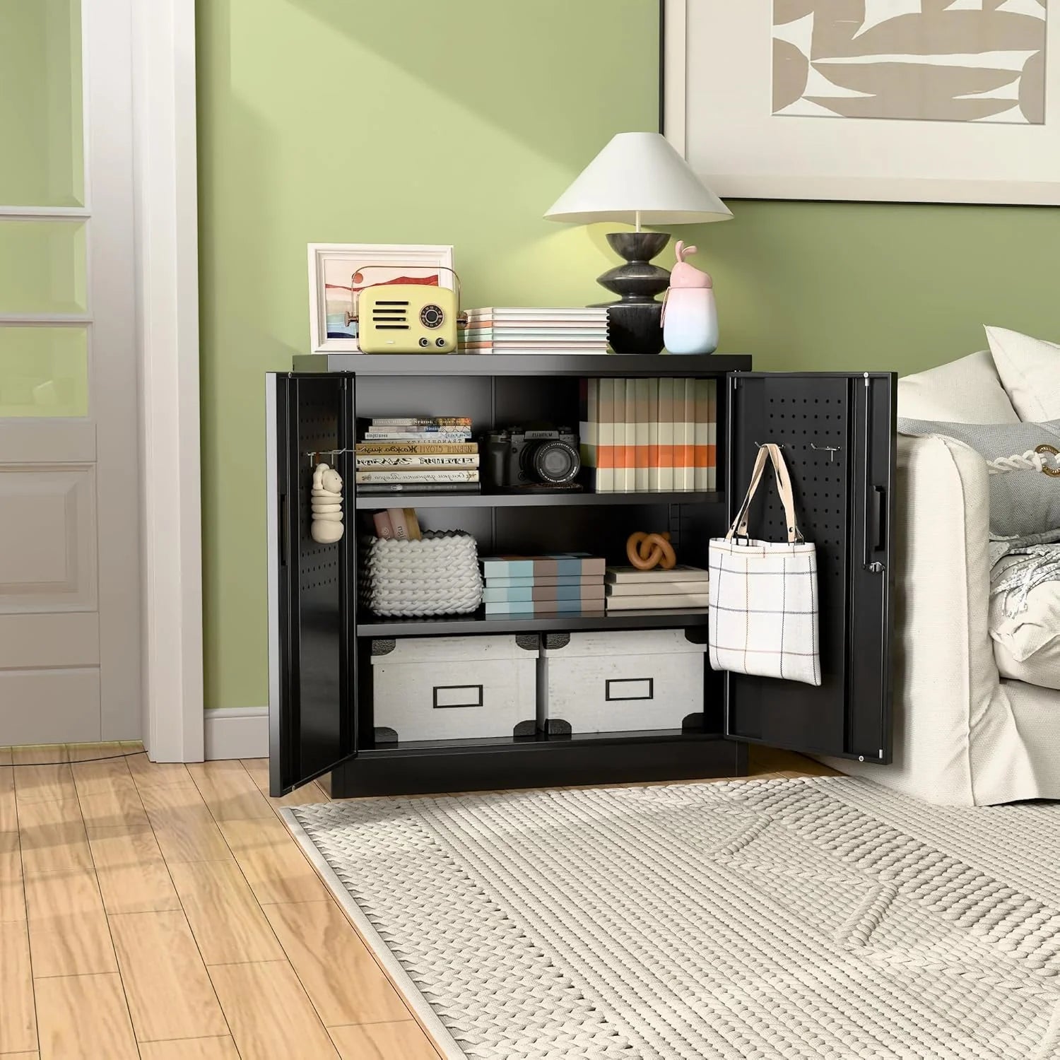 Aobabo 73''H Metal Garage Storage Cabinet with Wheels,Steel Cabinets with 2 Doors and 4 Adjustable Shelves for Home Office,Required Assembly,Black