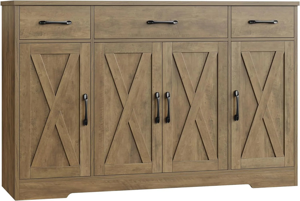 HOSTACK Buffet Cabinet with Drawers, 55" Large Sideboard Buffet Storage Cabinet with Shelves and Doors, Modern Farmhouse Coffee Bar Station Wood Kitchen Table for Kitchen, Dining Room, White/Rustic