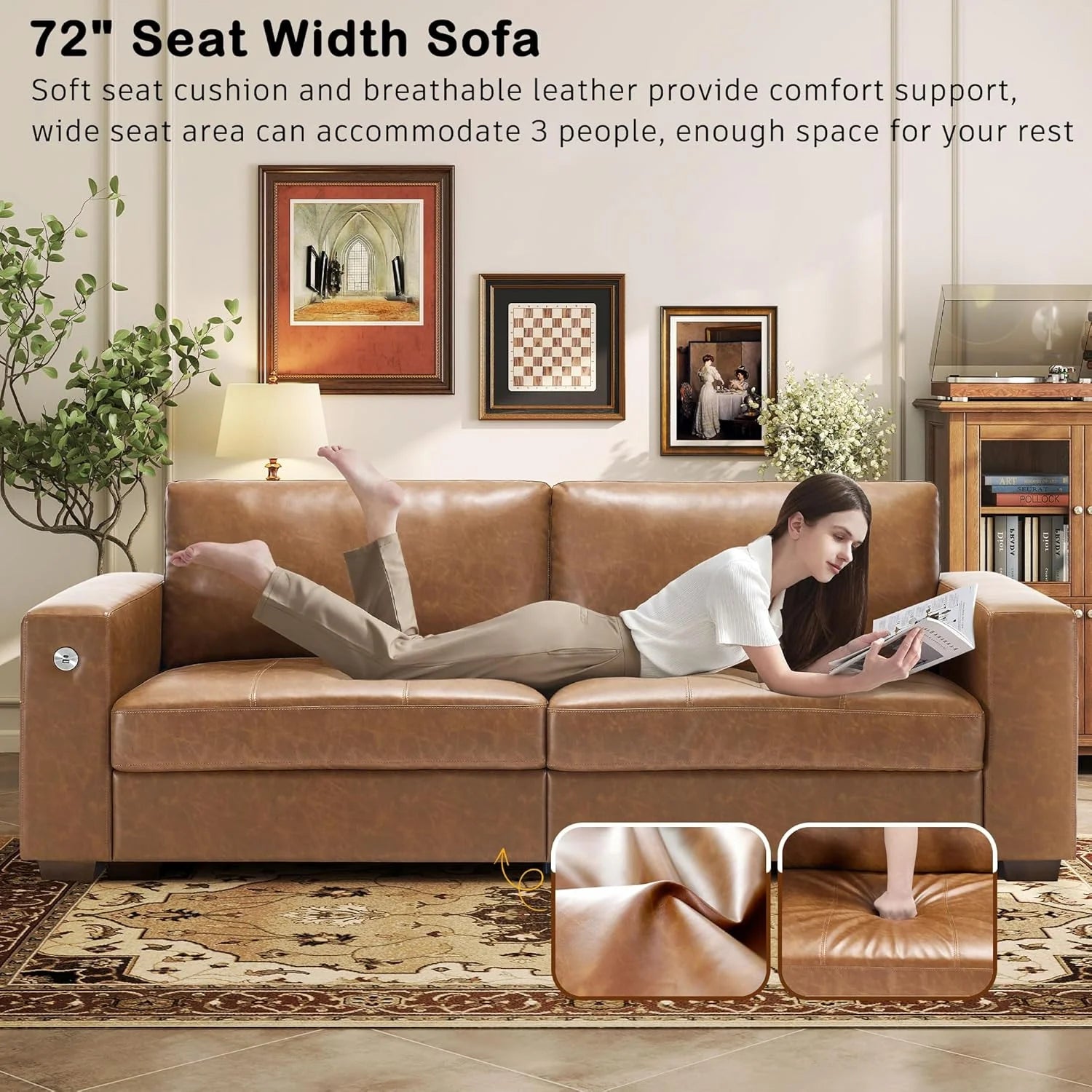 Hanherry 89" Sofa for Living Room, Modern Comfy Sofa with Medium Firm Seat Cushion, Removable Cover,Wide Armrest,USB/Type-C Port,Chenille Fabric Couches for Small Space,Apartment