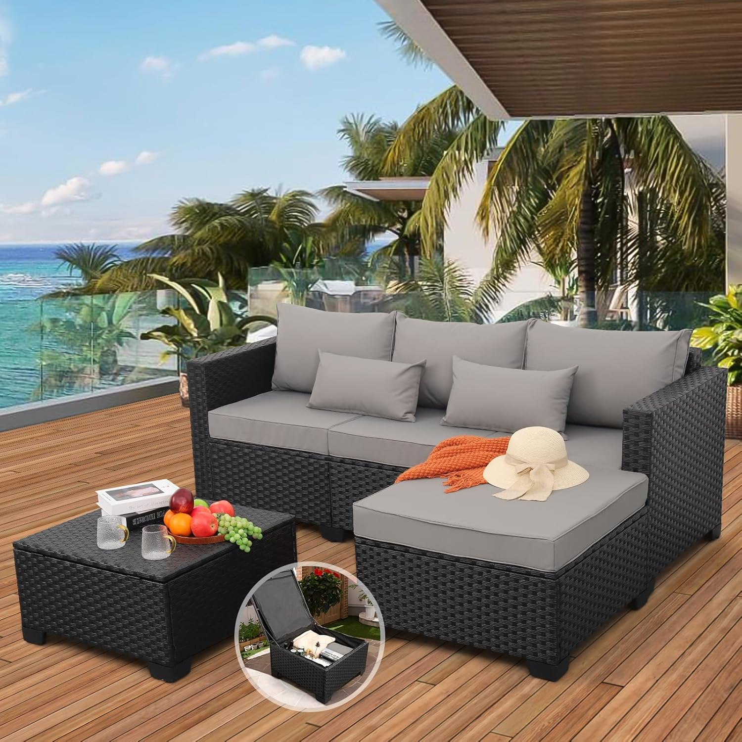 Rattaner Outdoor Furniture Set 3 Pieces Wicker Patio Furniture Outdoor Sectional Patio Couch Outdoor Coffee Table with Storage All-Weather Non-Slip Cushions Waterproof Covers