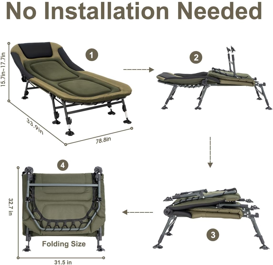 Camping Cots for Adults 330Lbs with Carry Bag, Heavy Duty Folding Bed with Soft Padded Cushion, Portable Military Cot for Hunting, 180�� Adjustable Reclining Outdoor Lounger