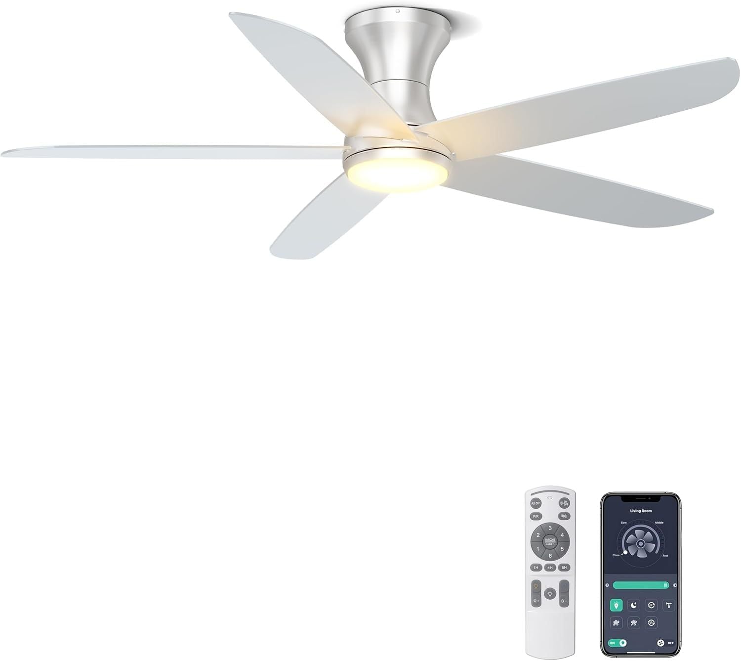 Ohniyou 46" Ceiling Fan with Lights and Remote Control - Indoor Silent DC Motor, Dimmable, Low Profile for Bedroom and Kitchen (Silver)