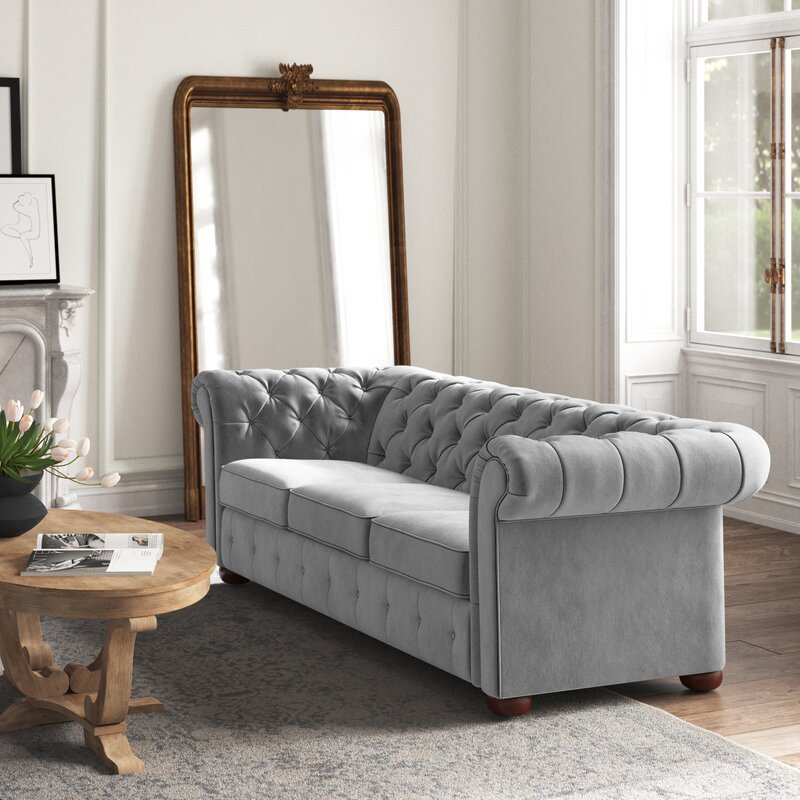 Alena 91.25&rdquo; Velvet Rolled Arm Chesterfield Sofa