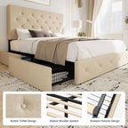 Allewie Upholstered Queen Size Platform Bed Frame with 4 Storage Drawers and Headboard, Square Stitched Button Tufted, Mattress Foundation with Wooden Slats Support, No Box Spring Needed, Light Grey