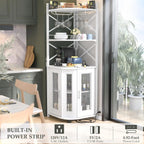 Aheaplus Corner Bar Cabinet with Power Outlet, Industrial Wine Cabinet with LED Strip and Glass Holder, 5-Tiers Liquor Cabinet Bar Unit for Home, Corner Display Cabinet for Small Space, White Oak