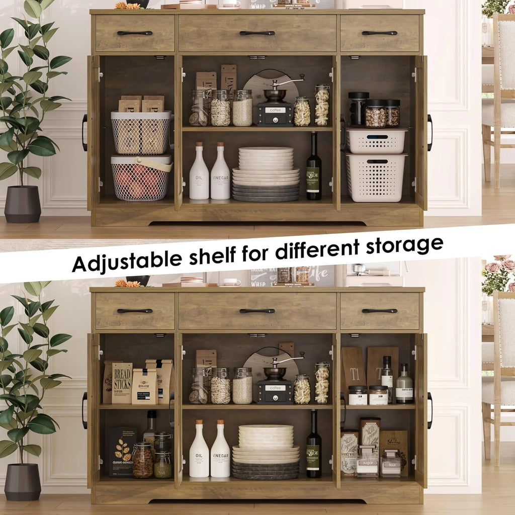 HOSTACK Buffet Cabinet with Drawers, 55" Large Sideboard Buffet Storage Cabinet with Shelves and Doors, Modern Farmhouse Coffee Bar Station Wood Kitchen Table for Kitchen, Dining Room, White/Rustic