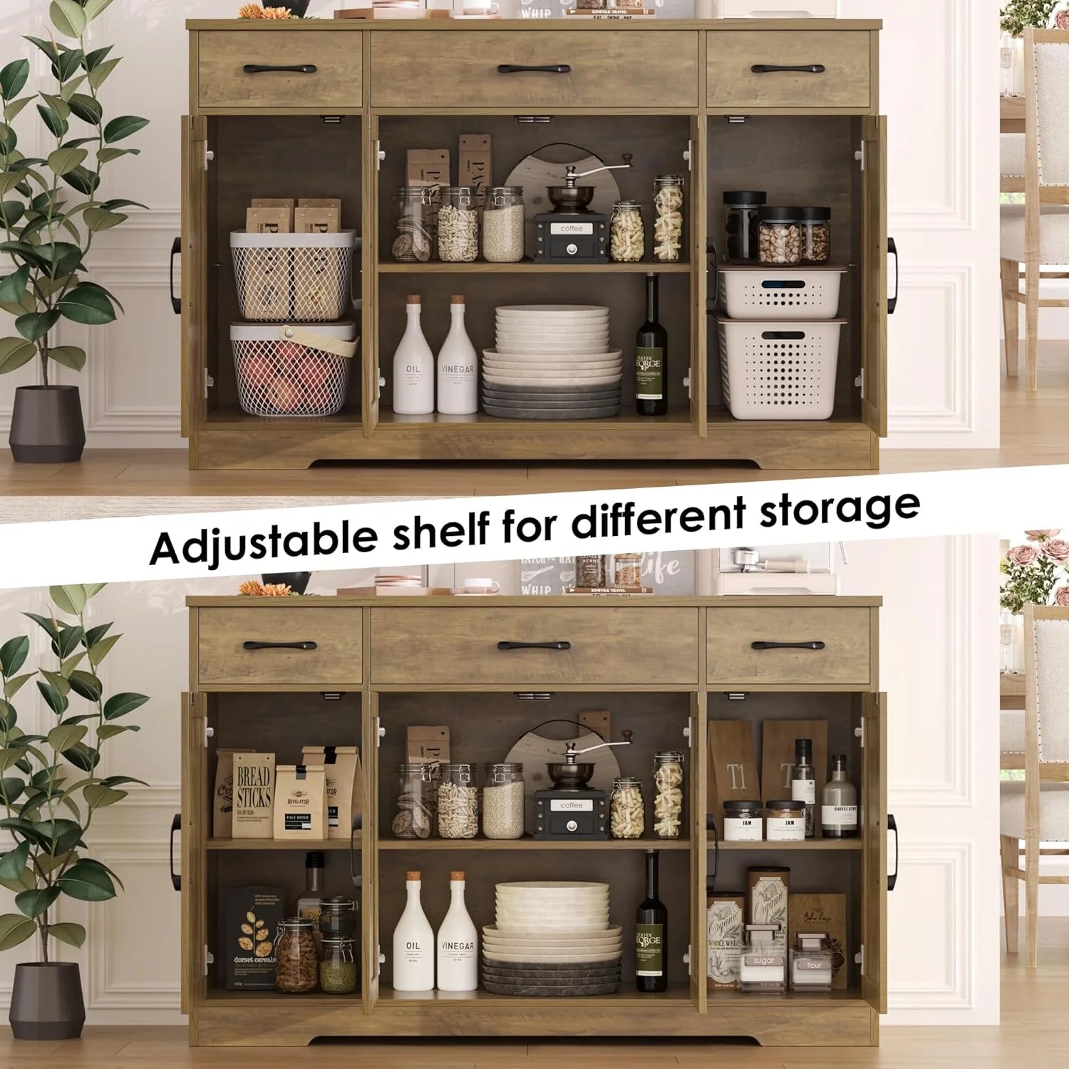 HOSTACK Buffet Cabinet with Drawers, 55" Large Sideboard Buffet Storage Cabinet with Shelves and Doors, Modern Farmhouse Coffee Bar Station Wood Kitchen Table for Kitchen, Dining Room, White/Rustic