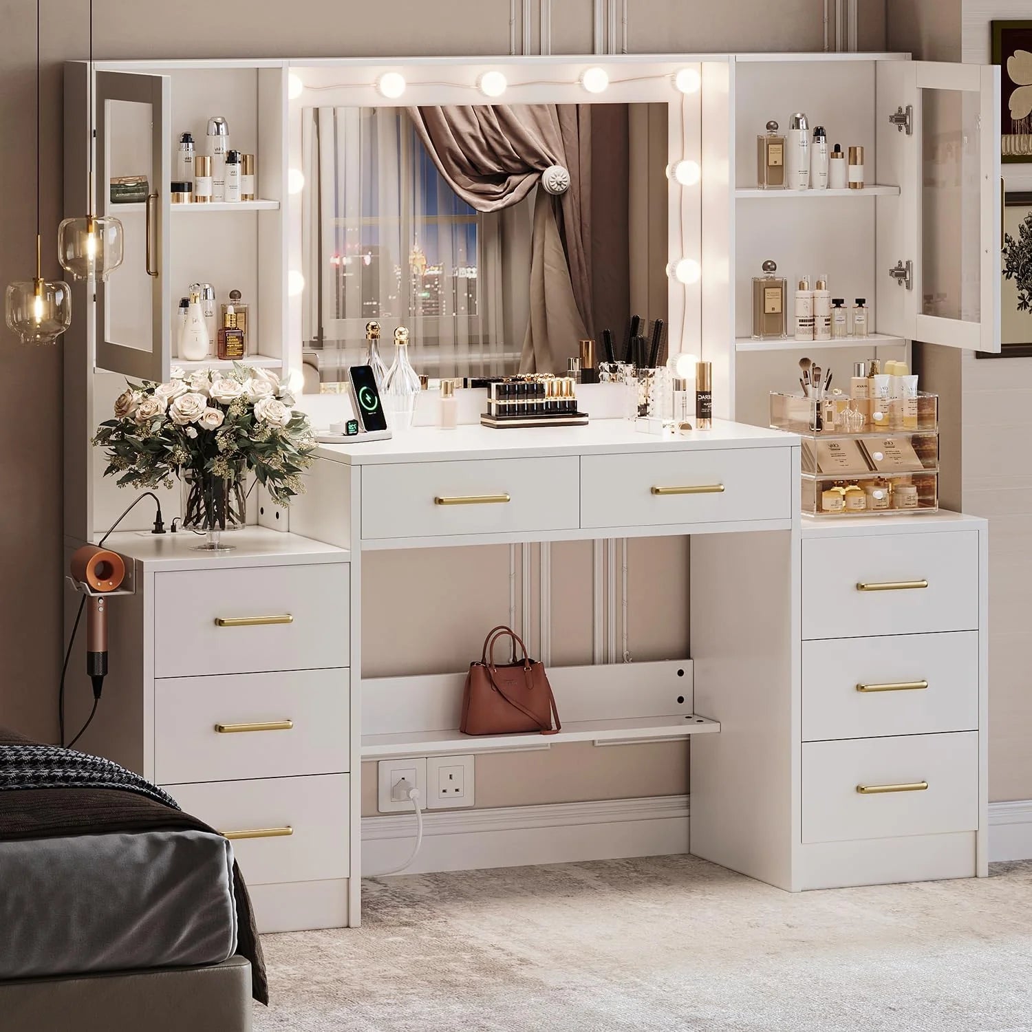 Black Vanity Desk with Mirror, Lights & Charging Station, 58.3" 3 Lighting Modes