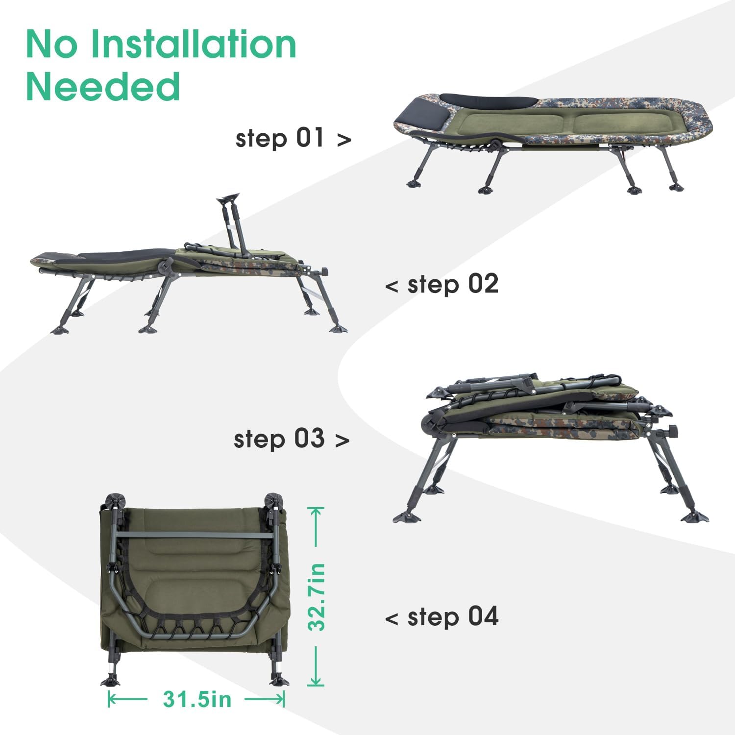 Camping Cots for Adults 330Lbs with Carry Bag, Heavy Duty Folding Bed with Soft Padded Cushion, Portable Military Cot for Hunting, 180�� Adjustable Reclining Outdoor Lounger