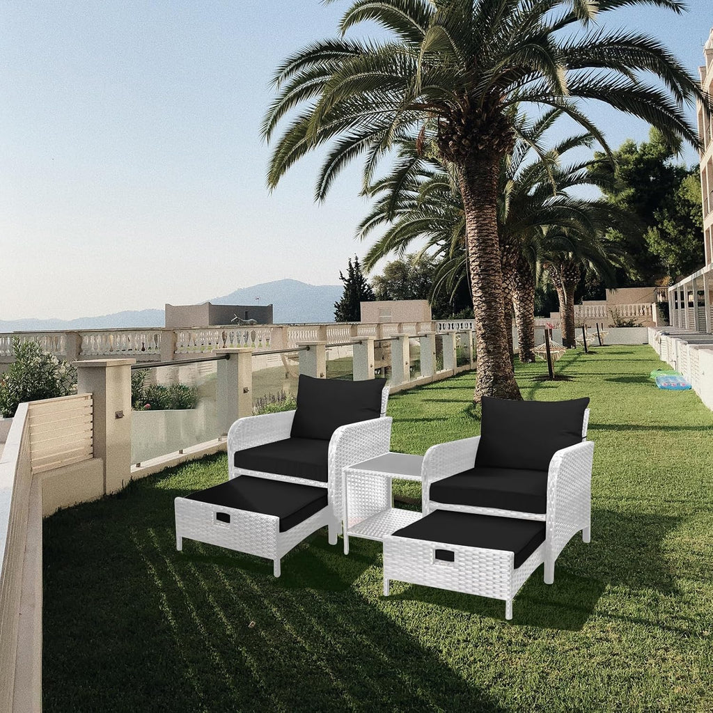 LEVELEVE Balcony Furniture 5 Piece Patio Conversation Set, PE Wicker Rattan Outdoor Lounge Chairs with Soft Cushions 2 Ottoman&Glass Table for Porch, Lawn-Brown Wicker