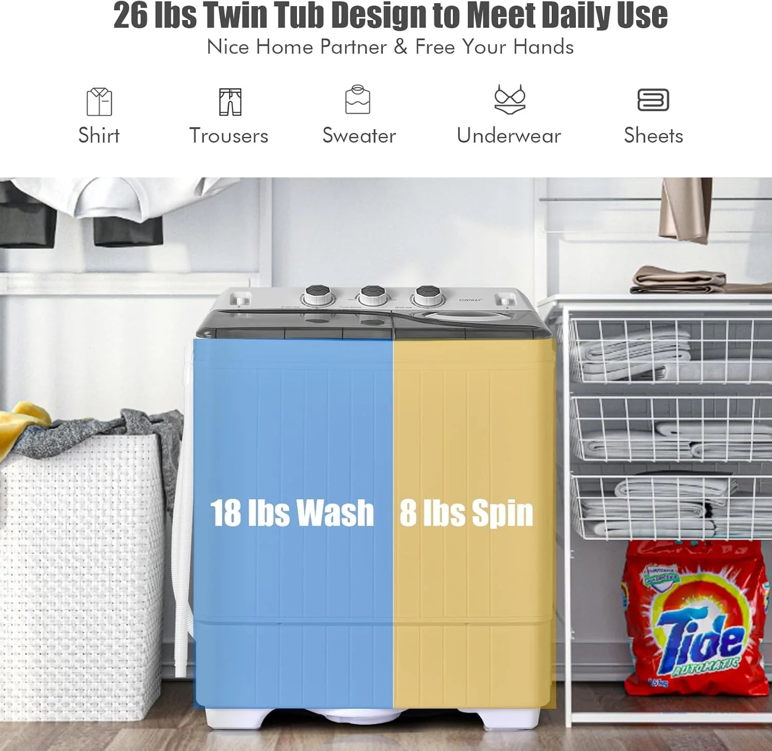 COSTWAY Double Tub 26 lb Capacity Laundry 18 lb 8 lb Spin Combo with Timer Knob Built-in Drain Pump Small Portable Washing Machine