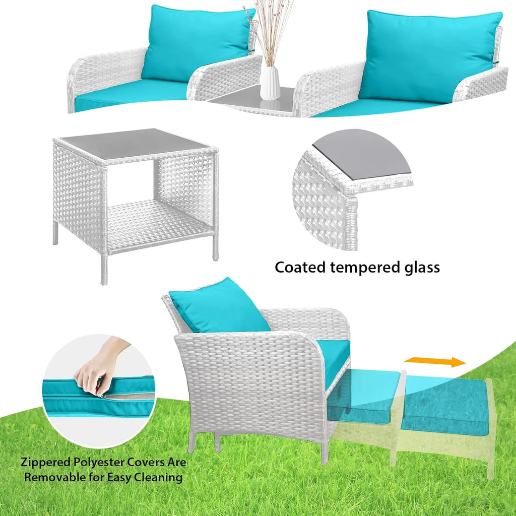 LEVELEVE Balcony Furniture 5 Piece Patio Conversation Set, PE Wicker Rattan Outdoor Lounge Chairs with Soft Cushions 2 Ottoman&Glass Table for Porch, Lawn-Brown Wicker
