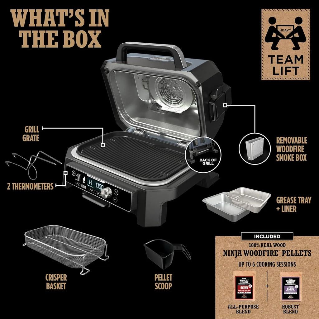 Premium XL Outdoor Grill & Smoker, Bluetooth, App Enabled, 7-in-1 Master Grill, BBQ Smoker, Outdoor Air Fryer, Woodfire Technology, 2 Built-In Thermometers, Black