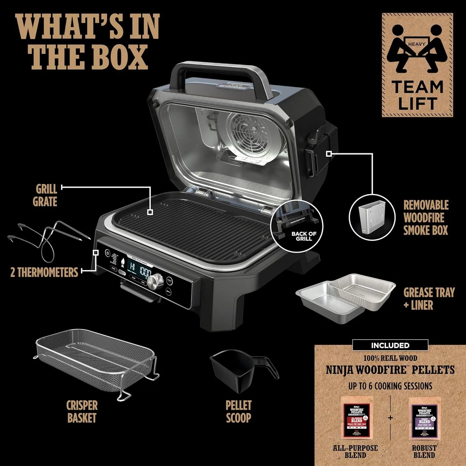 Premium XL Outdoor Grill & Smoker, Bluetooth, App Enabled, 7-in-1 Master Grill, BBQ Smoker, Outdoor Air Fryer, Woodfire Technology, 2 Built-In Thermometers, Black