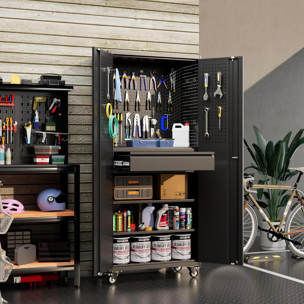 Aobabo 73''H Metal Garage Storage Cabinet with Wheels,Steel Cabinets with 2 Doors and 4 Adjustable Shelves for Home Office,Required Assembly,Black