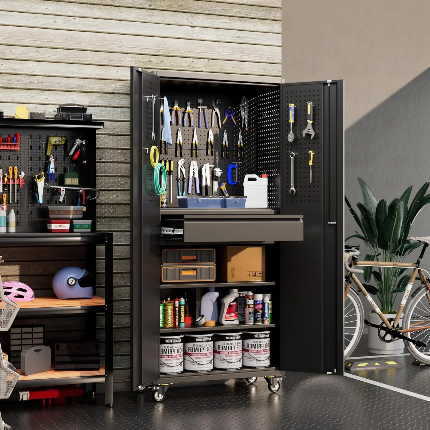 Aobabo 73''H Metal Garage Storage Cabinet with Wheels,Steel Cabinets with 2 Doors and 4 Adjustable Shelves for Home Office,Required Assembly,Black