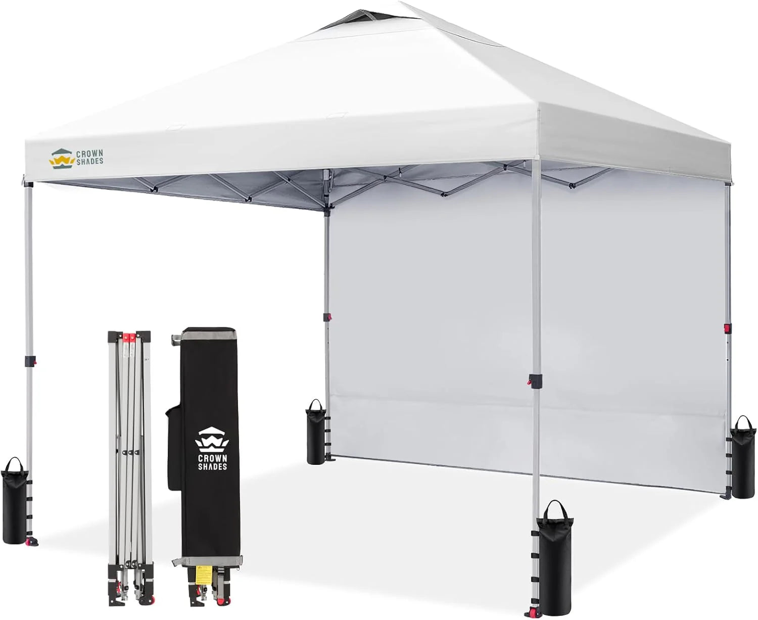 CROWN SHADES 10x10 Pop Up Canopy with 1 Side Wall - Beach Tent with One Push Setup - Outdoor Sun Shade for Events, Parties, Camping - Gazebo with STO-N-Go Cover Bag (White)