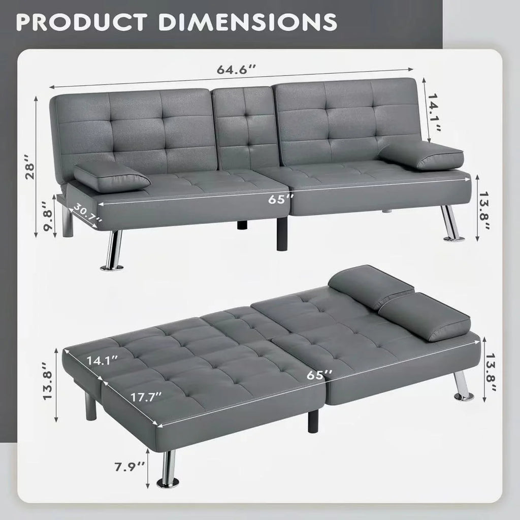 Homall Futon Sofa Bed, Leather Futon Couch with Removable Armrests, Adjustable Recliner Sleeper Sofa Bed with Dual Cup Holders for Living Room, Apartment, Office (Black)