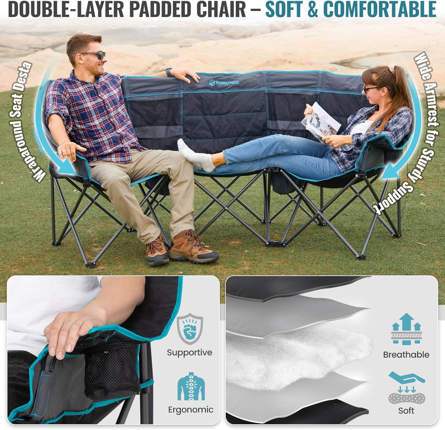 Double Camping Chair with Cooler 3-Person Folding Extra Large Camping Chair with 1000-Pound Load Capacity