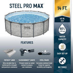 Steel Pro MAX 14 Foot x 48 Inch Round Metal Frame Above Ground Outdoor Swimming Pool Set with 1,000 Filter Pump, Ladder, and Cover, Gray