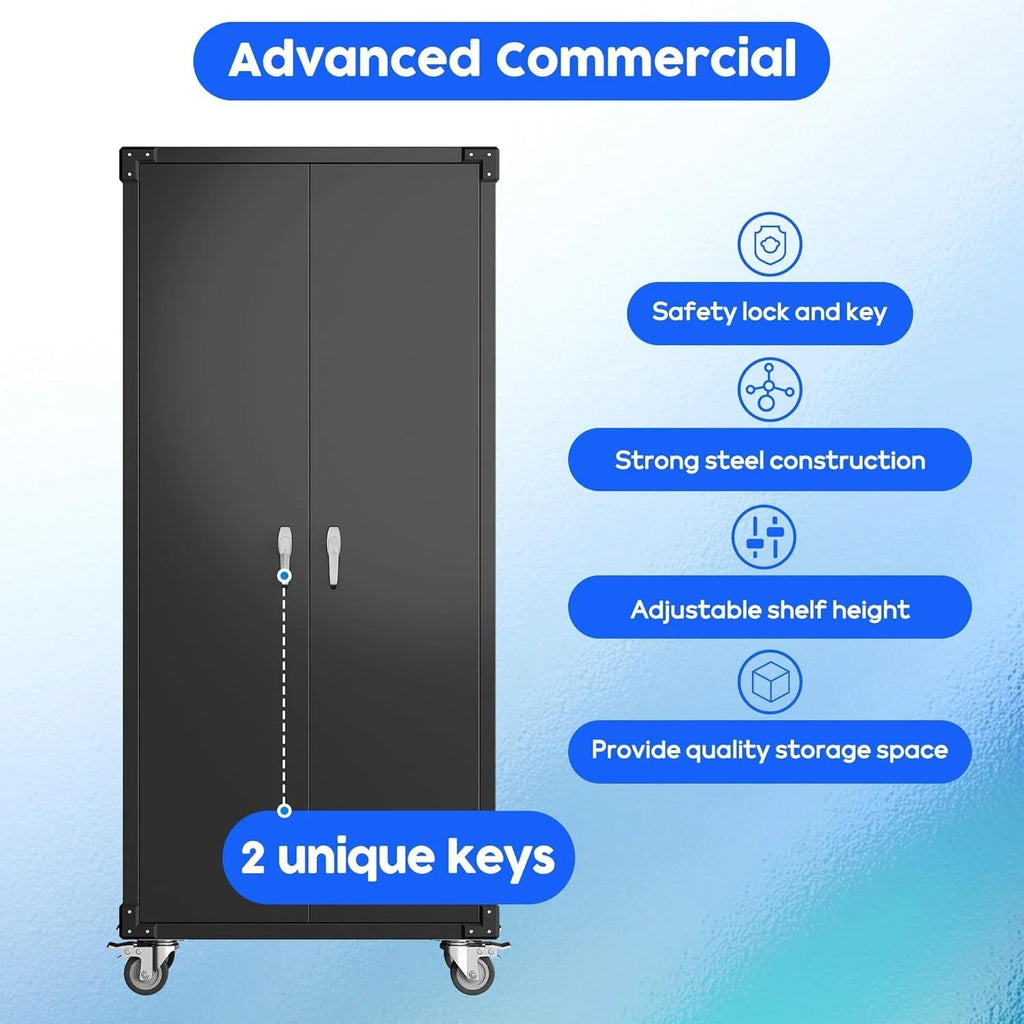 Aobabo 73''H Metal Garage Storage Cabinet with Wheels,Steel Cabinets with 2 Doors and 4 Adjustable Shelves for Home Office,Required Assembly,Black