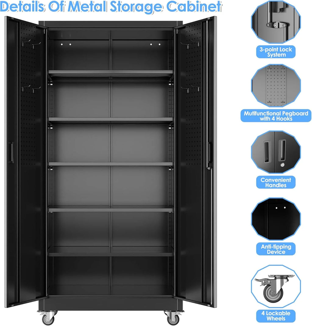 Aobabo 73''H Metal Garage Storage Cabinet with Wheels,Steel Cabinets with 2 Doors and 4 Adjustable Shelves for Home Office,Required Assembly,Black
