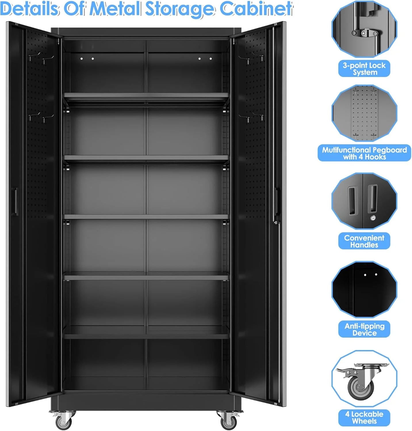 Aobabo 73''H Metal Garage Storage Cabinet with Wheels,Steel Cabinets with 2 Doors and 4 Adjustable Shelves for Home Office,Required Assembly,Black
