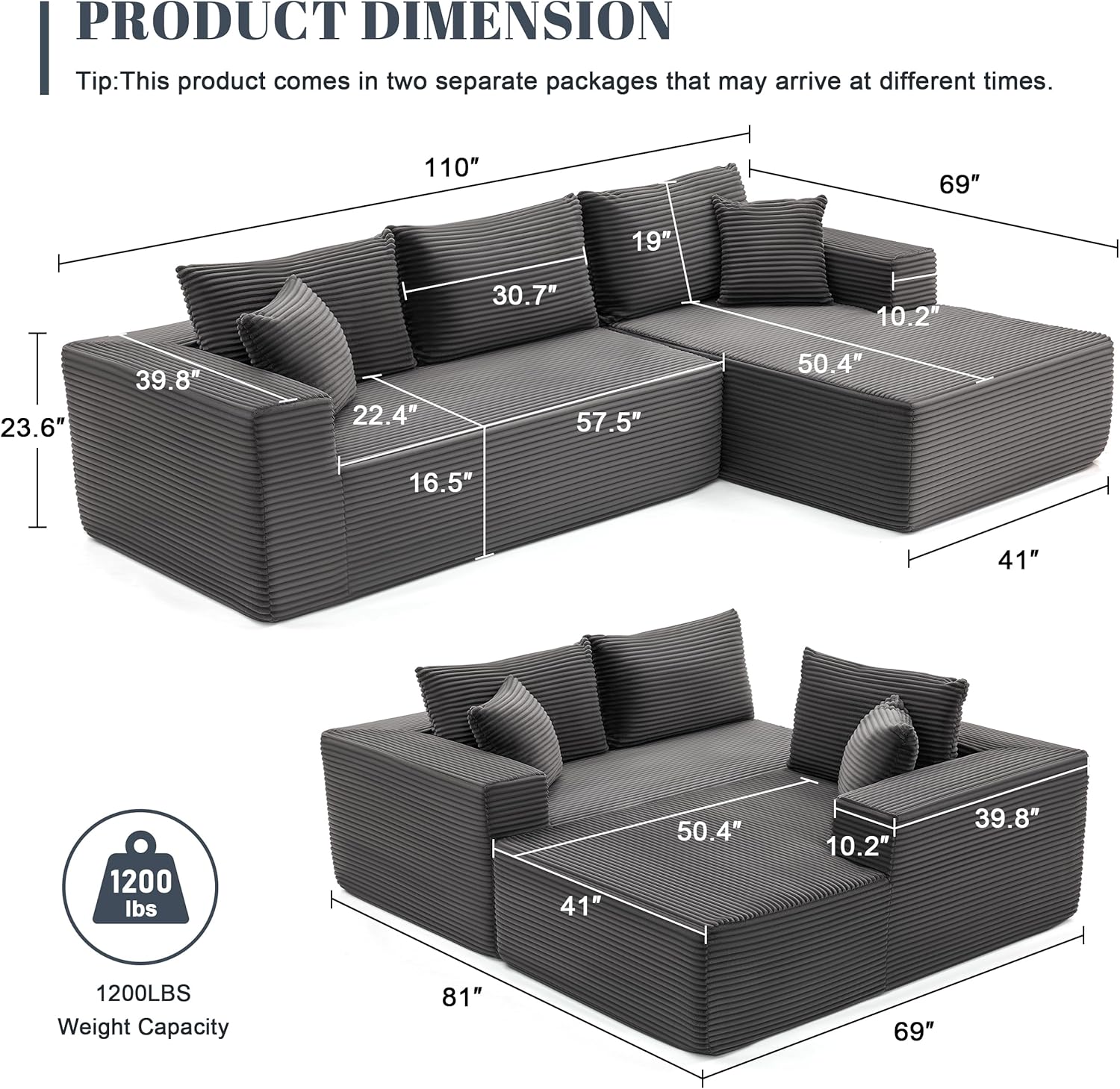 110 Cloud Sectional Couch, Boneless Sofa for Living Room Modular Sectional Sofa with Deep Seat