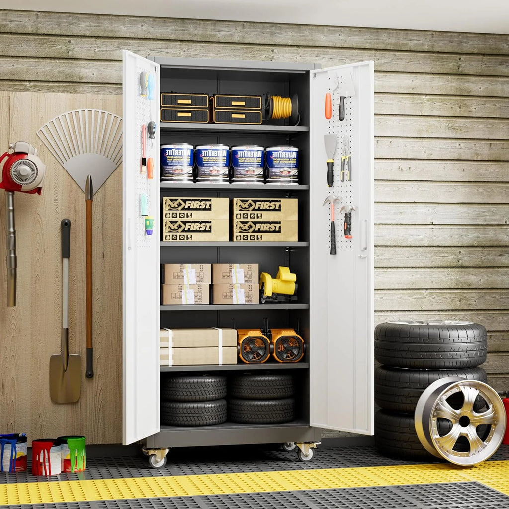 Aobabo 73''H Metal Garage Storage Cabinet with Wheels,Steel Cabinets with 2 Doors and 4 Adjustable Shelves for Home Office,Required Assembly,Black