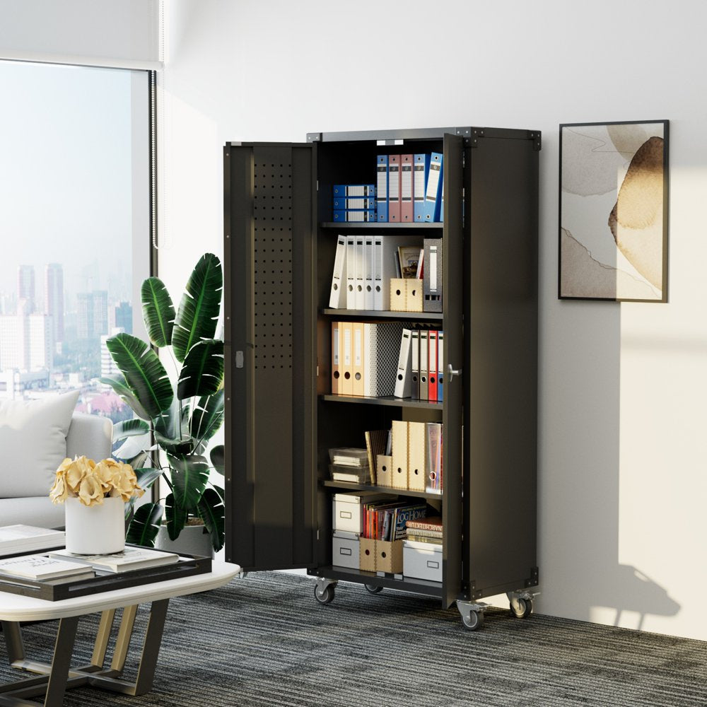 GangMei 72 in Metal Garage Storage Cabinet with Wheels and Pegboard, Black Tall Rolling Tool Cabinet with 4 Adjustable Shelves