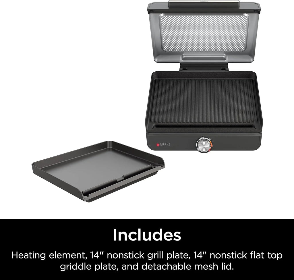 Ninja Griddle and Indoor Grill, 14’�? Electric Grill, For Steak, Burgers, Salmon, Veggies, and More, Pancake Griddle, Nonstick, Dishwasher Safe, 500F, Even Cooking, Silver, GR101